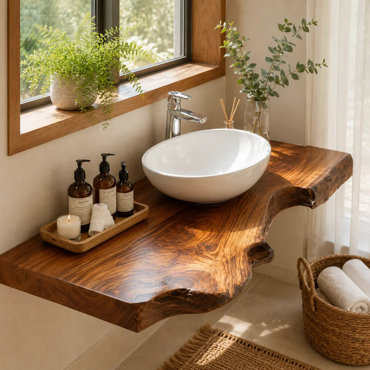 Live Edge Floating Vanity Shelf | Rich Grain Solid Wood Bathroom Counter Lynnsnail