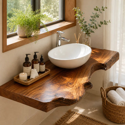 Live Edge Floating Vanity Shelf | Rich Grain Solid Wood Bathroom Counter Lynnsnail