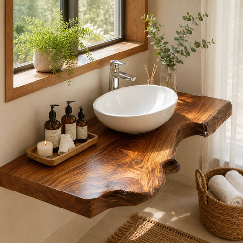 Live Edge Floating Vanity Shelf | Rich Grain Solid Wood Bathroom Counter Lynnsnail