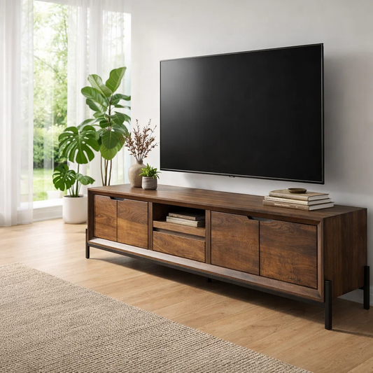 Solid Wood TV Cabinet – Modern Walnut Media Console with Storage