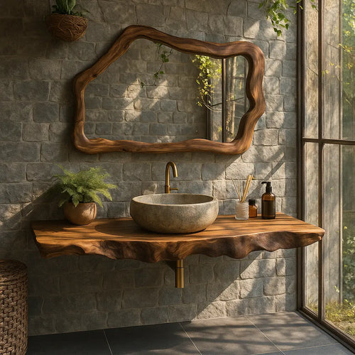 Handcrafted Solid Wood Floating Vanity with Natural Wave Edge for Organic Modern Bathrooms Lynnsnail