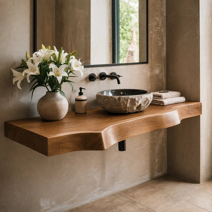 Live Edge Bathroom Vanity Shelf | Solid Wood Floating Sink Counter Lynnsnail