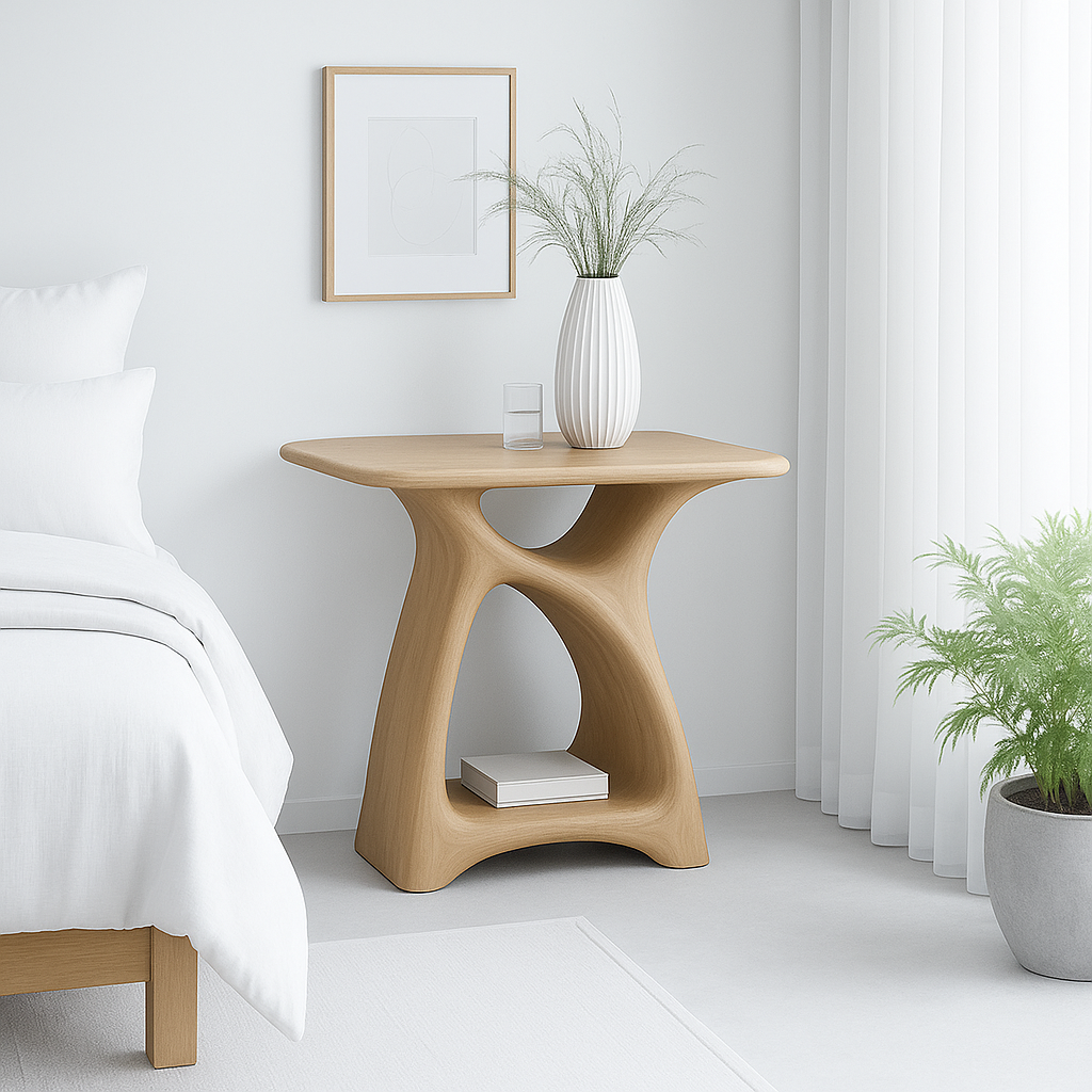 Handcrafted Solid Wood Nightstand – Modern Sculptural Bedside Table with Open Shelf Lynnsnail
