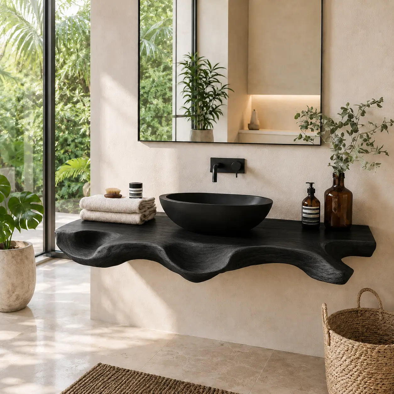 Sculptural Live Edge Vanity Shelf | Modern Solid Wood Floating Bathroom Lynnsnail