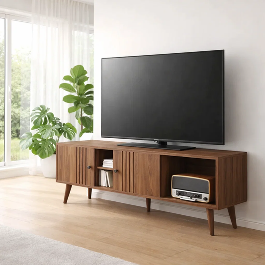 Mid Century Wood TV Cabinet – Modern Media Console with Storage
