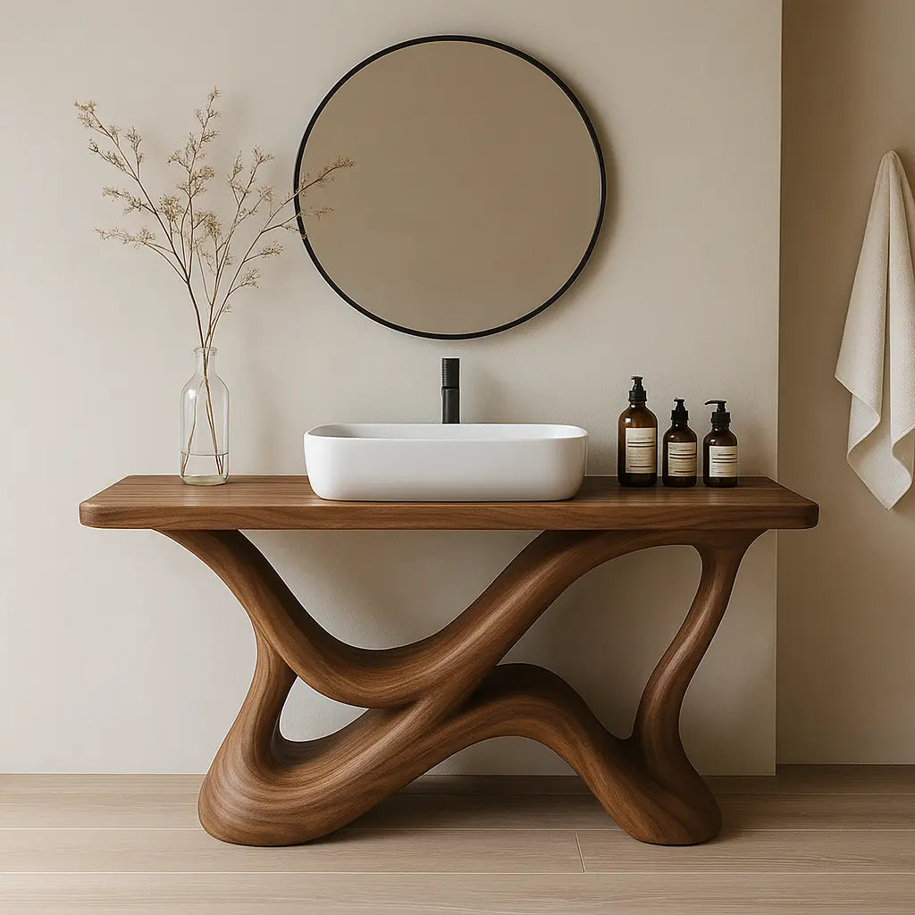 Handcrafted Solid Wood Bathroom Vanity – Organic Interwoven Flow Sculptural Base Design Lynnsnail