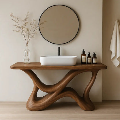 Handcrafted Solid Wood Bathroom Vanity – Organic Interwoven Flow Sculptural Base Design Lynnsnail