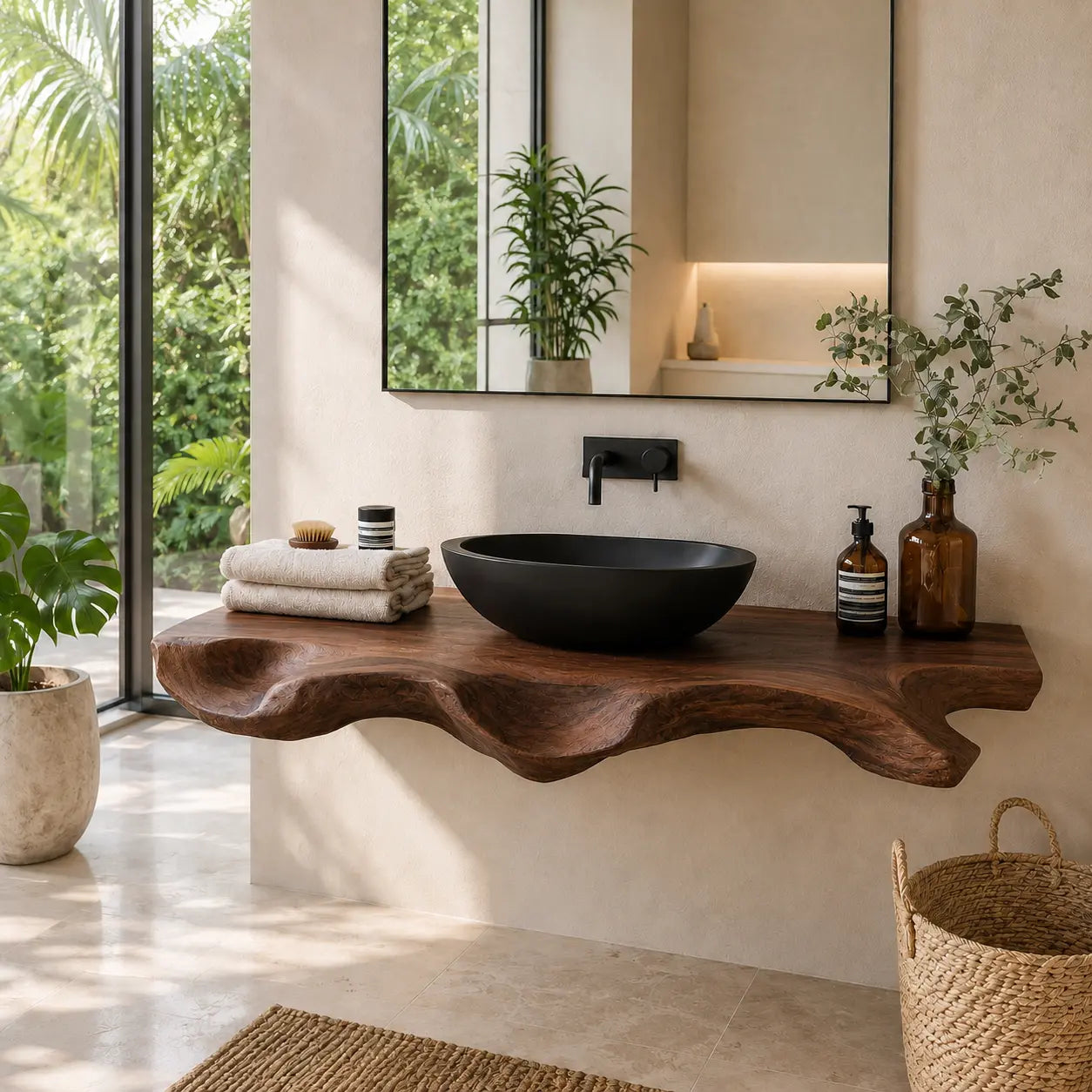 Sculptural Live Edge Vanity Shelf | Modern Solid Wood Floating Bathroom Lynnsnail