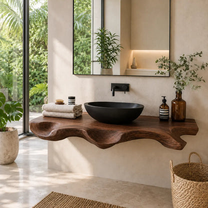 Sculptural Live Edge Vanity Shelf | Modern Solid Wood Floating Bathroom Lynnsnail