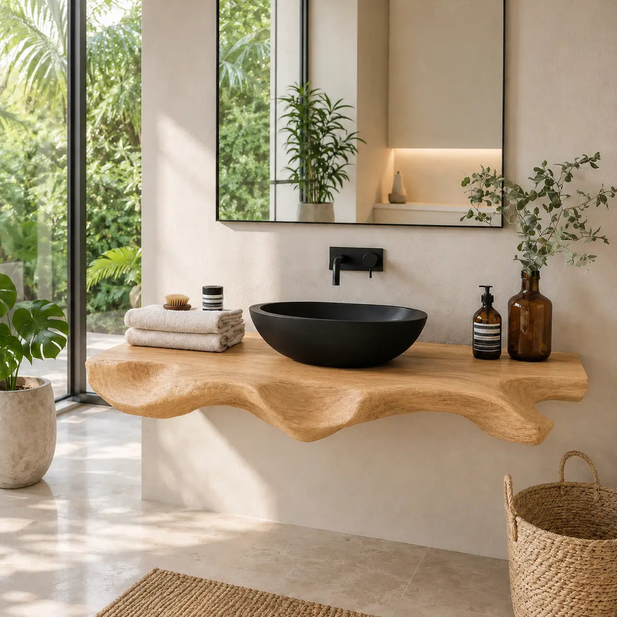 Sculptural Live Edge Vanity Shelf | Modern Solid Wood Floating Bathroom Lynnsnail