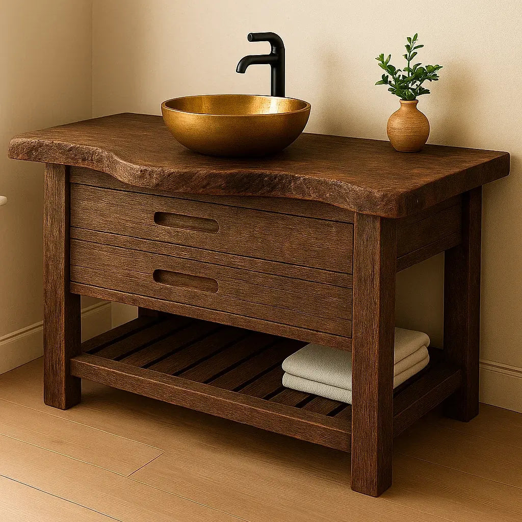 Handcrafted Solid Wood Bathroom Vanity – Rustic Live Edge Base with Drawers and Slatted Shelf Lynnsnail