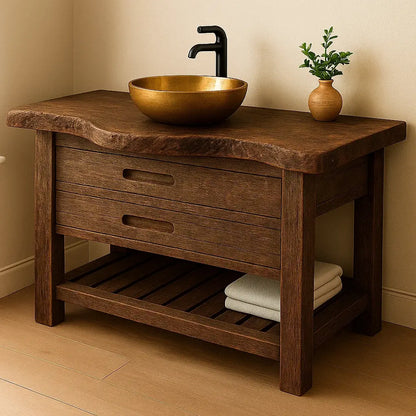 Handcrafted Solid Wood Bathroom Vanity – Rustic Live Edge Base with Drawers and Slatted Shelf Lynnsnail