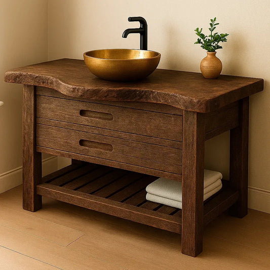 Handcrafted Solid Wood Bathroom Vanity – Rustic Live Edge Base with Drawers and Slatted Shelf Lynnsnail
