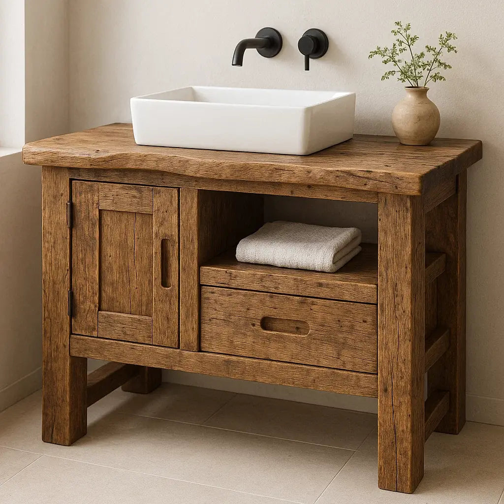Handcrafted Solid Wood Bathroom Vanity – Rustic Live Edge Base with Drawer and Cabinet Storage Lynnsnail
