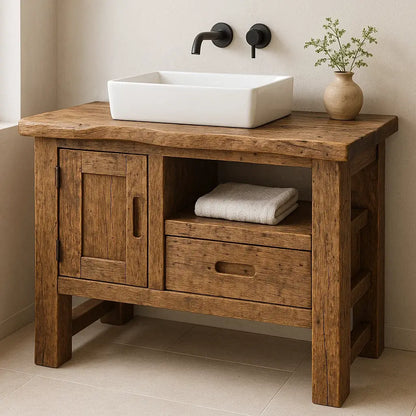 Handcrafted Solid Wood Bathroom Vanity – Rustic Live Edge Base with Drawer and Cabinet Storage Lynnsnail