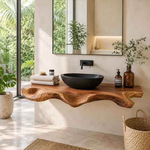 Sculptural Live Edge Vanity Shelf | Modern Solid Wood Floating Bathroom Lynnsnail