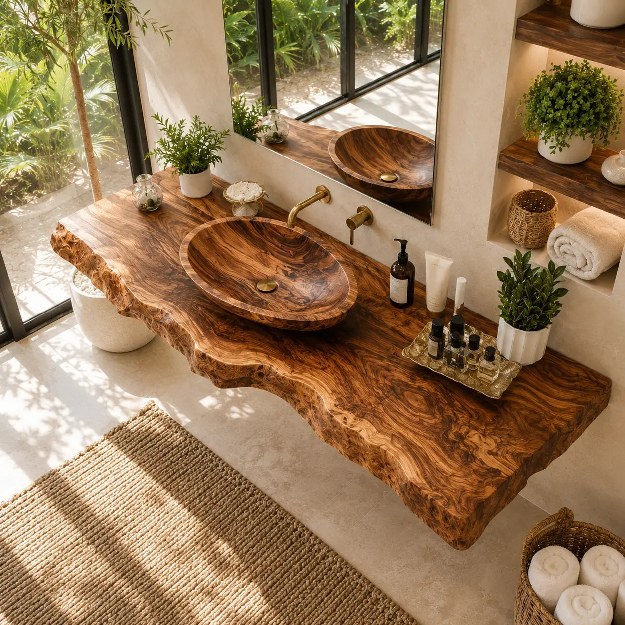 Burl Wood Vanity Shelf with Carved Sink | Live Edge Floating Bathroom Lynnsnail