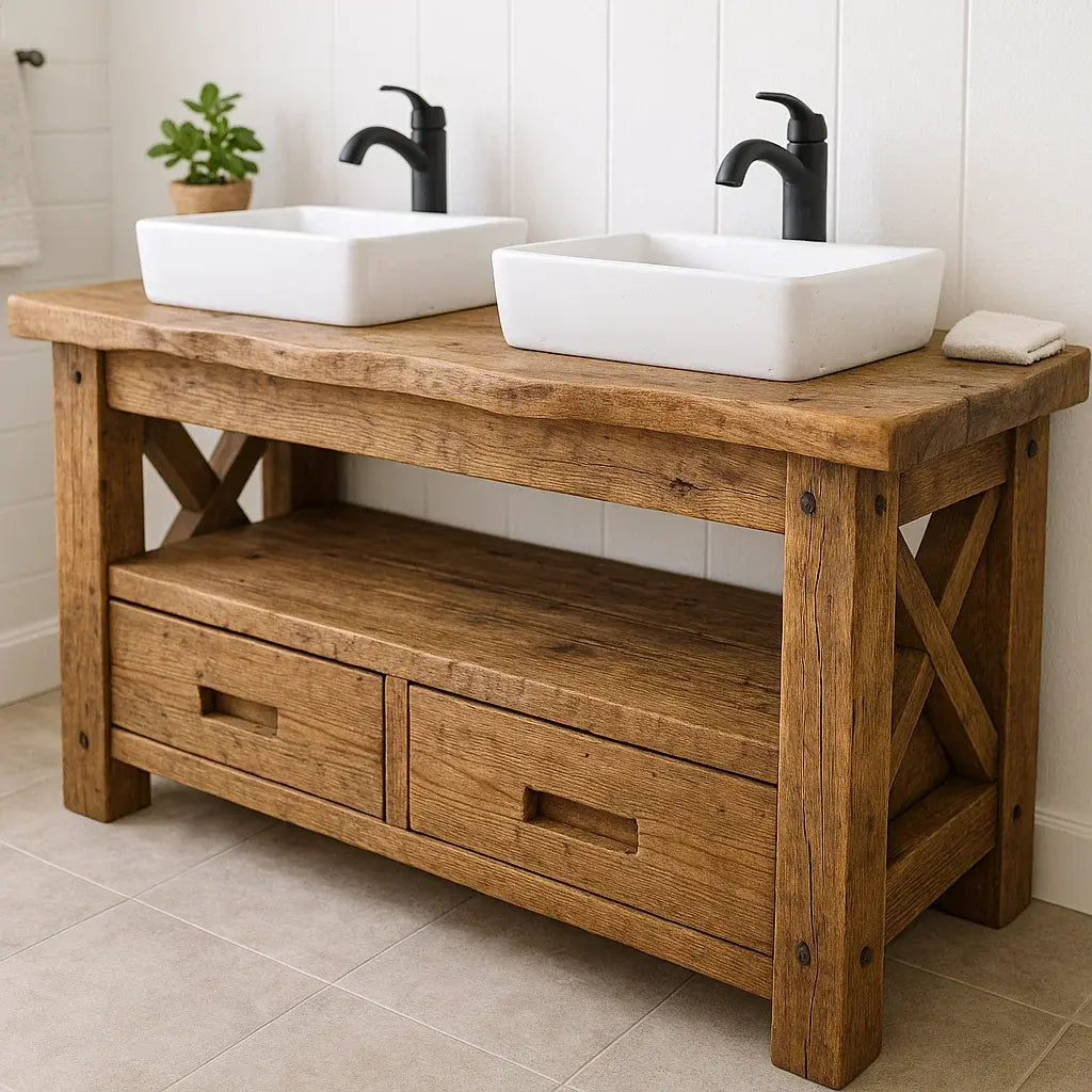 Handcrafted Solid Wood Bathroom Vanity – Rustic Live Edge Double Base with Drawers and Cross-Leg Design Lynnsnail