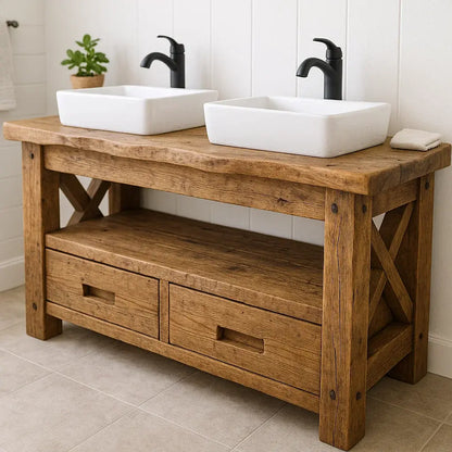 Handcrafted Solid Wood Bathroom Vanity – Rustic Live Edge Double Base with Drawers and Cross-Leg Design Lynnsnail