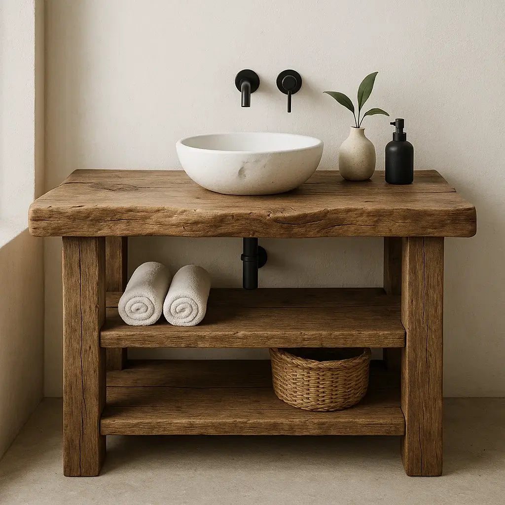 Handcrafted Solid Wood Bathroom Vanity – Rustic Live Edge Base with Double Open Shelves Lynnsnail