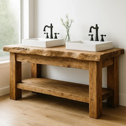 Handcrafted Solid Wood Bathroom Vanity – Rustic Double Live Edge Base with Open Shelf Lynnsnail