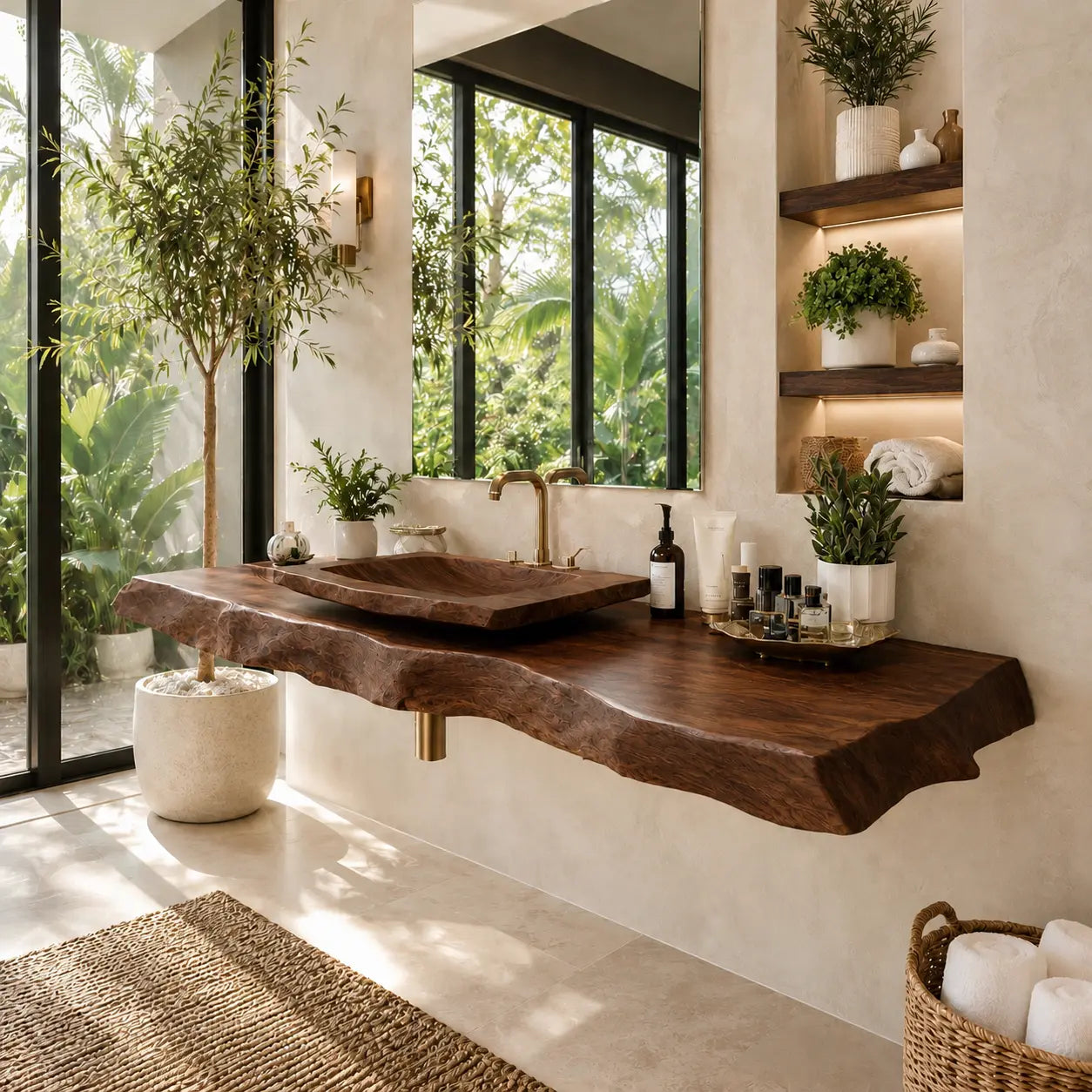 Burl Wood Vanity Shelf with Carved Sink | Live Edge Floating Bathroom Lynnsnail