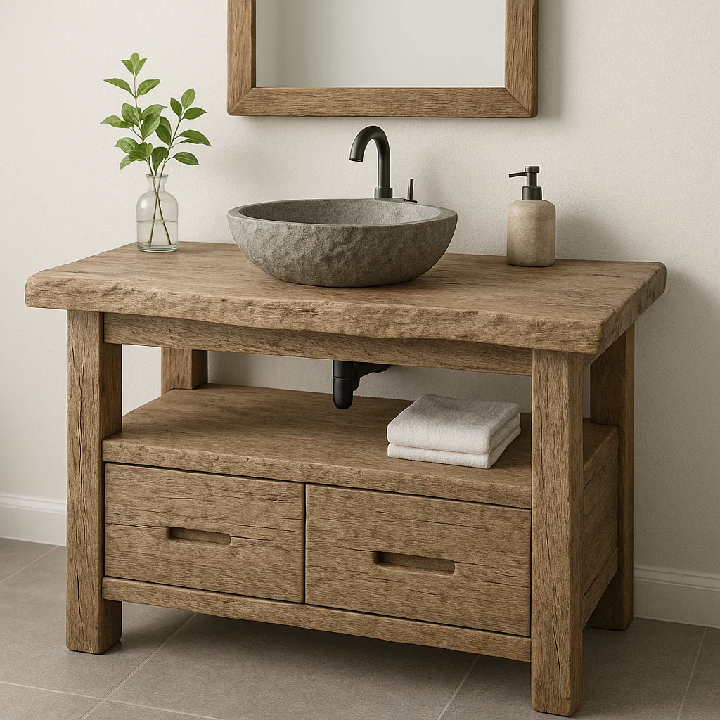 Handcrafted Solid Wood Bathroom Vanity – Rustic Live Edge Base with Drawers and Open Shelf Lynnsnail