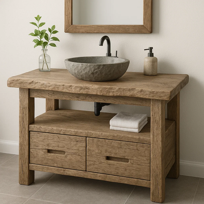 Handcrafted Solid Wood Bathroom Vanity – Rustic Live Edge Base with Drawers and Open Shelf Lynnsnail