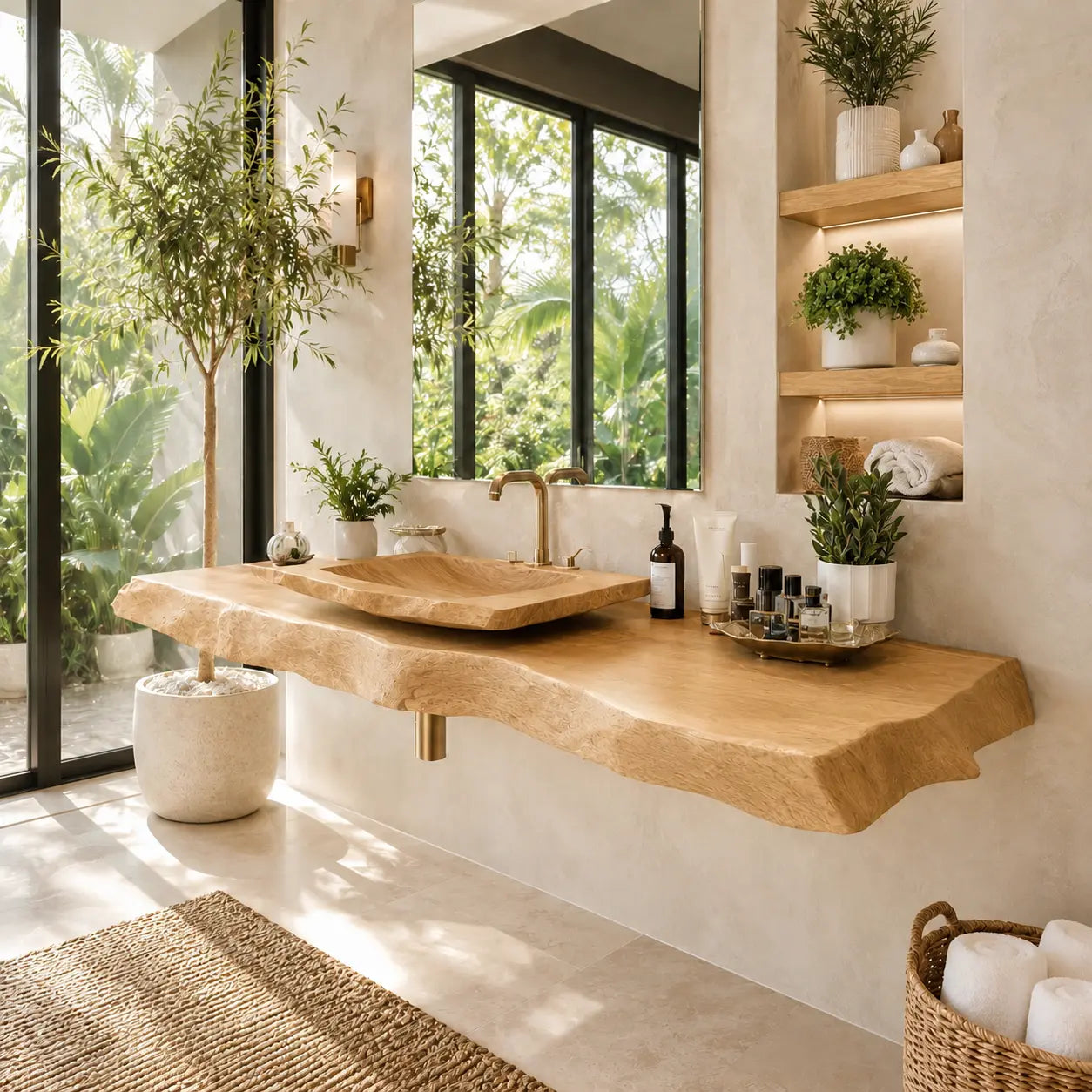 Burl Wood Vanity Shelf with Carved Sink | Live Edge Floating Bathroom Lynnsnail