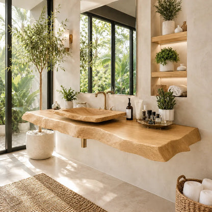 Burl Wood Vanity Shelf with Carved Sink | Live Edge Floating Bathroom Lynnsnail