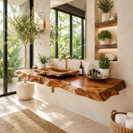 Burl Wood Vanity Shelf with Carved Sink | Live Edge Floating Bathroom Lynnsnail