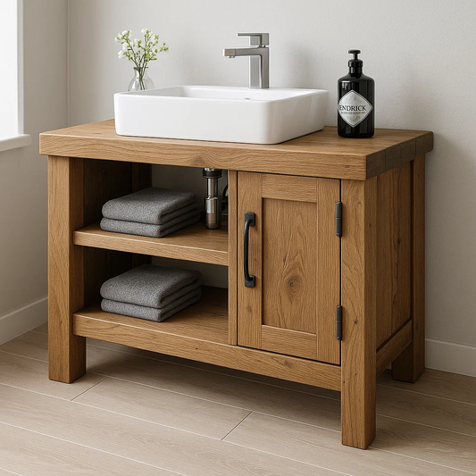 Handcrafted Solid Wood Bathroom Vanity – Modern Rustic Base with Door and Open Shelves Lynnsnail
