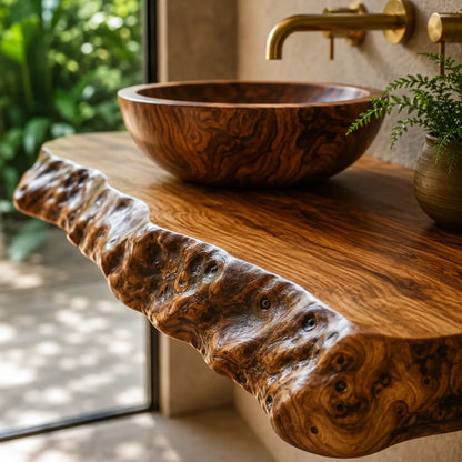 Double Live Edge Floating Vanity Shelf | Solid Wood Honey Bathroom Counter Lynnsnail