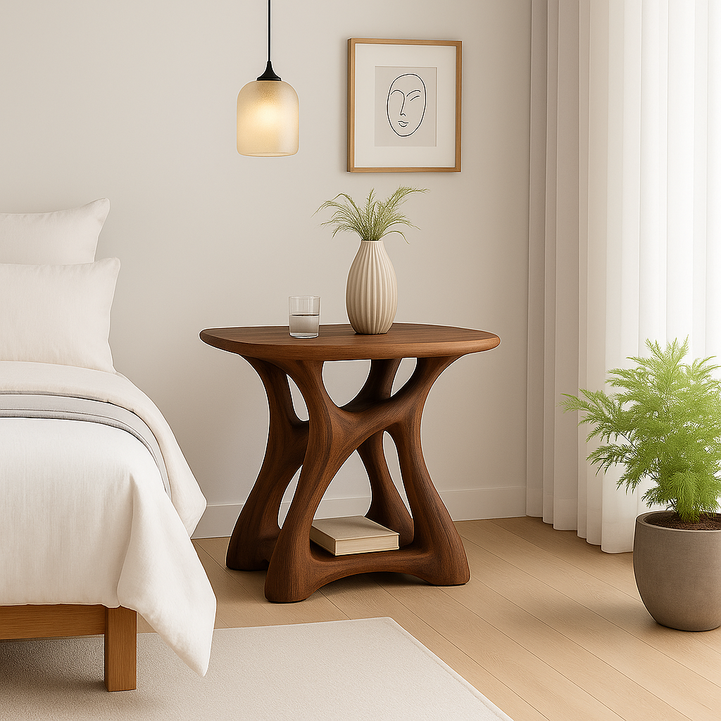 Handcrafted Solid Wood Nightstand – Modern Sculptural Bedside Table with Open Storage Lynnsnail