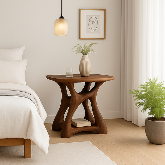 Handcrafted Solid Wood Nightstand – Modern Sculptural Bedside Table with Open Storage Lynnsnail