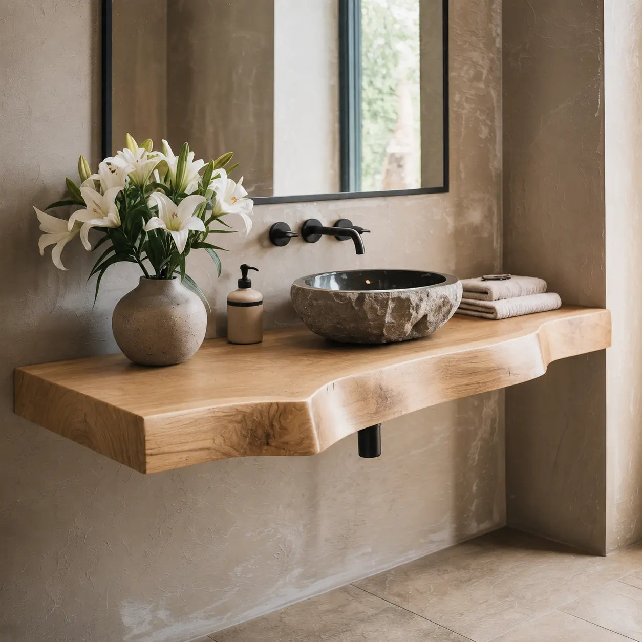 Live Edge Bathroom Vanity Shelf | Solid Wood Floating Sink Counter Lynnsnail