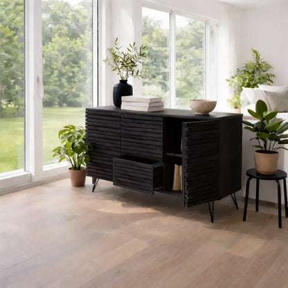 Modern Solid Wood Slatted Console Table with Storage Cabinet & Drawers Lynnsnail
