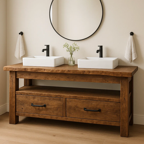 Rustic Handcrafted Solid Wood Double Vanity – Live Edge Base with Drawers and Open Shelf Lynnsnail