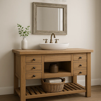 Handcrafted Solid Wood Vanity – Farmhouse Style Bathroom Base with 6 Drawers and Open Shelf Lynnsnail