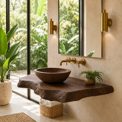 Double Live Edge Floating Vanity Shelf | Solid Wood Honey Bathroom Counter Lynnsnail
