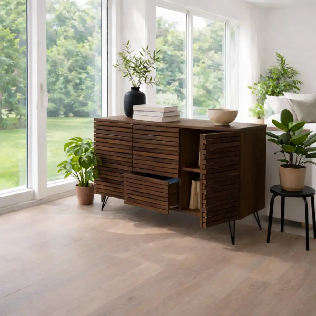 Modern Solid Wood Slatted Console Table with Storage Cabinet & Drawers Lynnsnail
