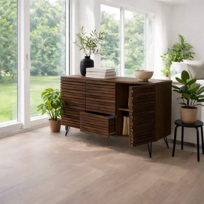 Modern Solid Wood Slatted Console Table with Storage Cabinet & Drawers Lynnsnail