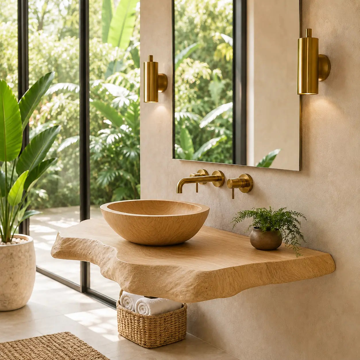 Double Live Edge Floating Vanity Shelf | Solid Wood Honey Bathroom Counter Lynnsnail