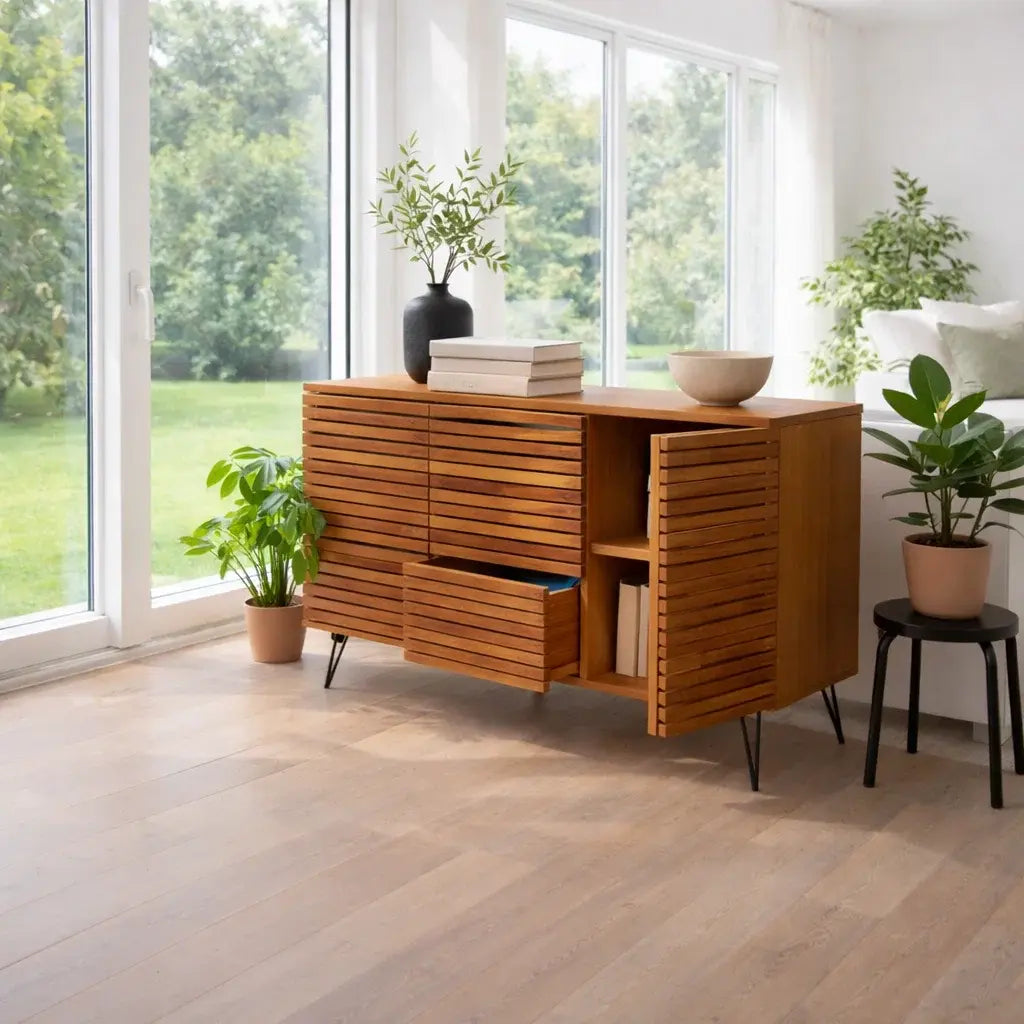 Modern Solid Wood Slatted Console Table with Storage Cabinet & Drawers Lynnsnail
