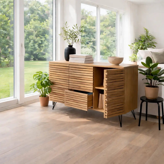 Modern Solid Wood Slatted Console Table with Storage Cabinet & Drawers Lynnsnail