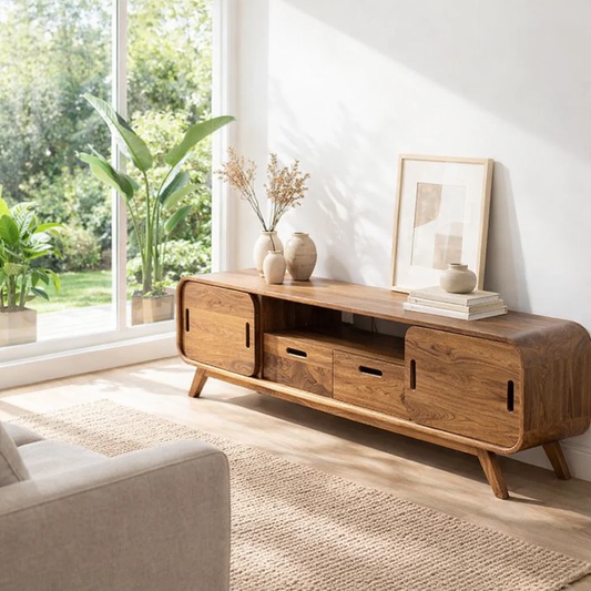 Solid Wood Modern Console Table with Sliding Doors and Open Storage