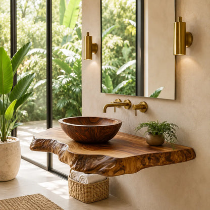 Double Live Edge Floating Vanity Shelf | Solid Wood Honey Bathroom Counter Lynnsnail