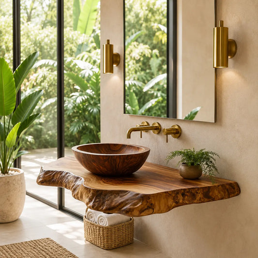 Double Live Edge Floating Vanity Shelf | Solid Wood Honey Bathroom Counter Lynnsnail
