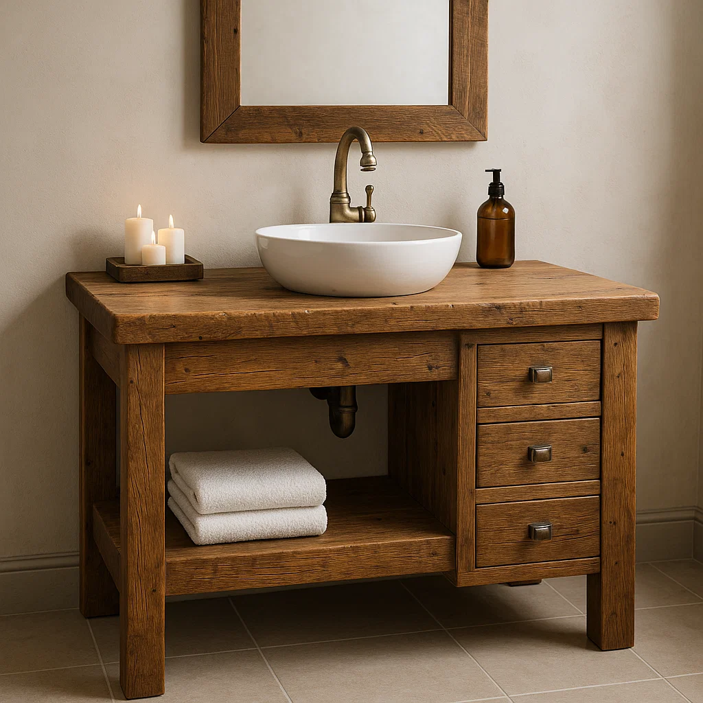 Handcrafted Solid Wood Bathroom Vanity – Rustic Base with Side Drawers and Open Shelf Lynnsnail