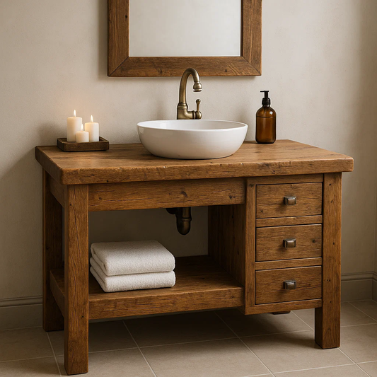 Handcrafted Solid Wood Bathroom Vanity – Rustic Base with Side Drawers and Open Shelf Lynnsnail